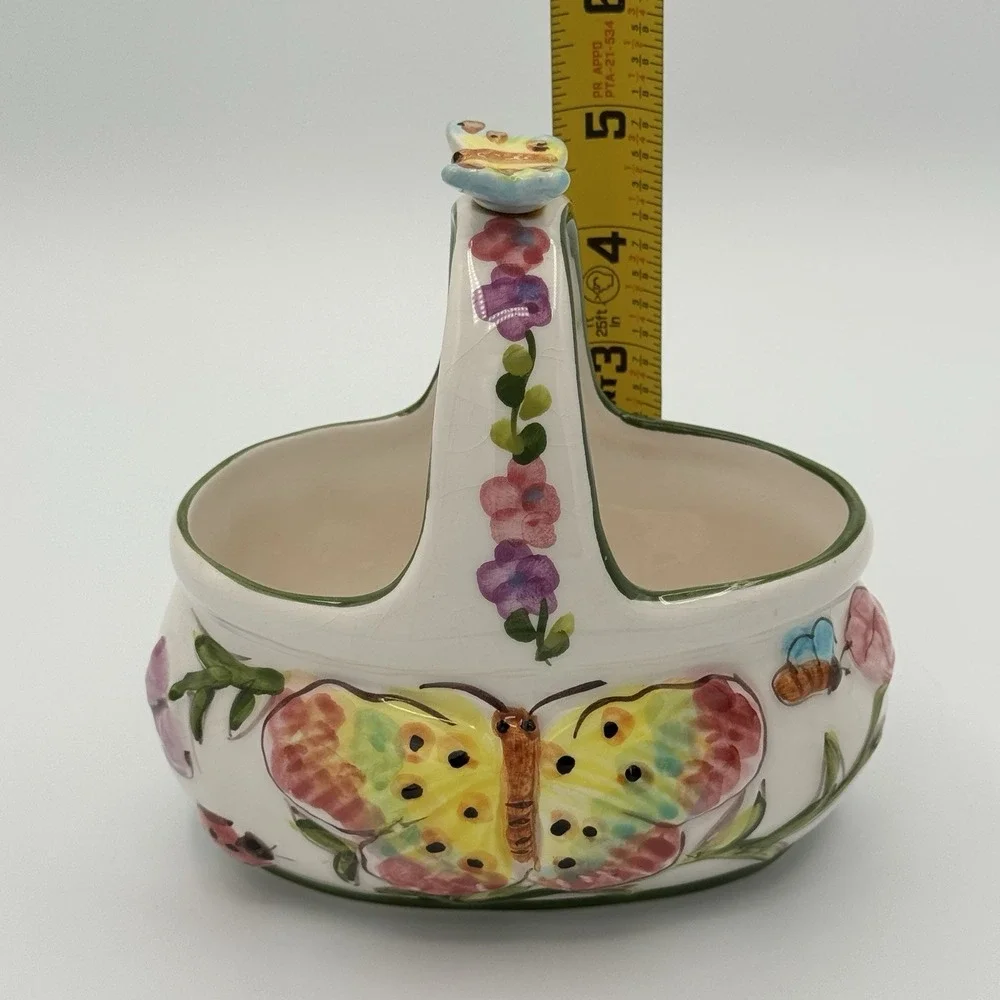 Vintage Ceramic Butterfly‎ Basket Planter Candy Dish Floral Hand Painted